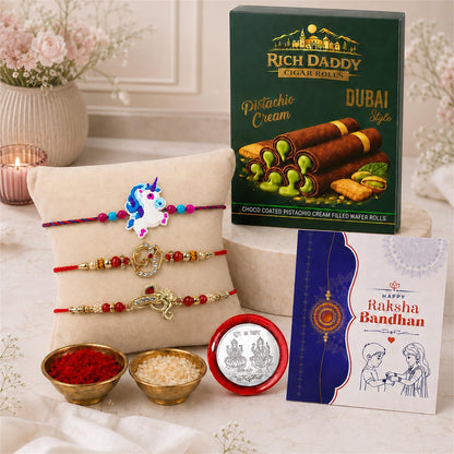 Ganesha Rakhi for Brother with Pistachio Wafer Rolls, Coin & Card, Pack of 7