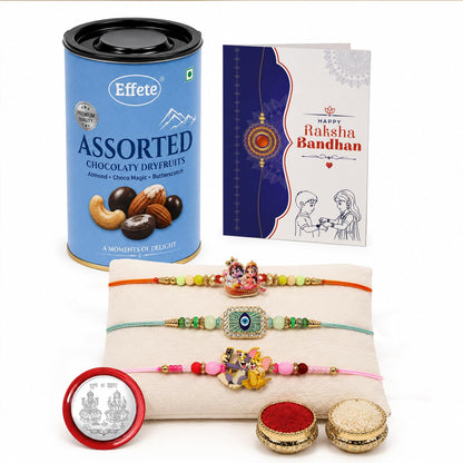Radhe Krishna Rakhi Combo - Raksha Bandhan Gift with Assorted Choco 96gm, Pack of 7