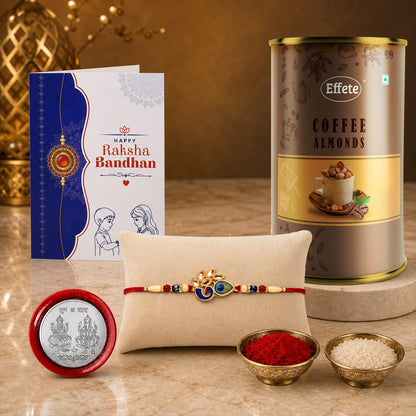 Peacock Rakhi for Brother with Coffee Almond 96gm, Roli Tikka & Card, Pack of 5