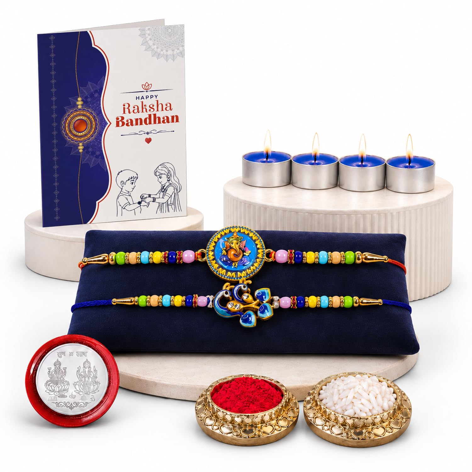 Ganesh, Peacock Rakhi Combo - Raksha Bandhan Gift with Tealight Candles 4pcs, Pack of 6