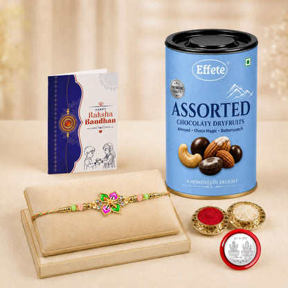 Floral Rakhi for Brother with Choco Dryfruits 96gm, Roli Tikka & Card, Pack of 5