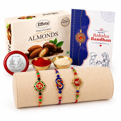 Rakhi with Chocolate for Brother (Set of 7) – Raksha Bandhan Festival Celebration Pack with Swasik, Bhai & Peacock Shape Rakhi, Chocolate, Roli Chawal, Silver Color Coin & Greeting Card