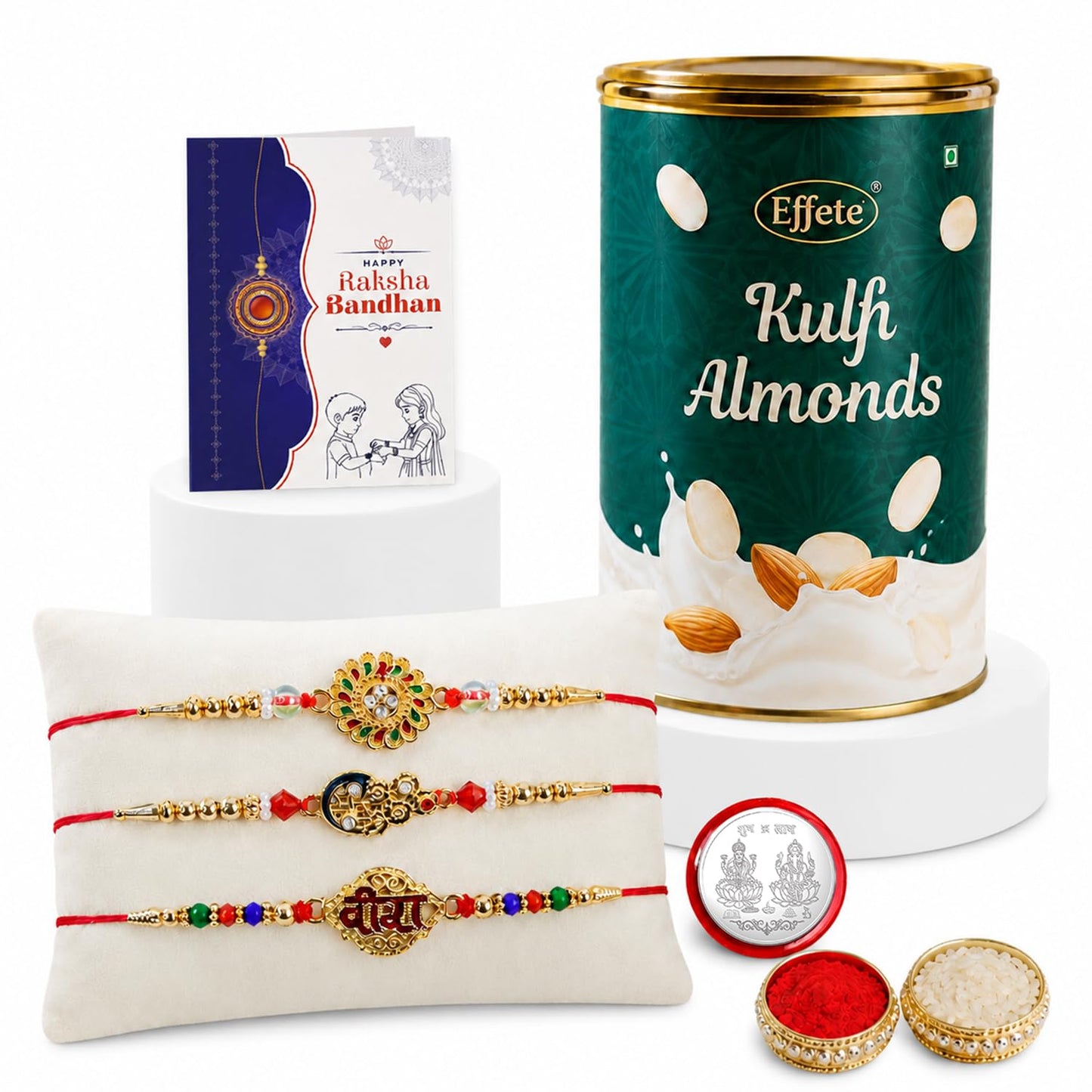 Flower Rakhi for Brother with Kulfi Almonds 96gm, Roli Tikka & Card, Pack of 7