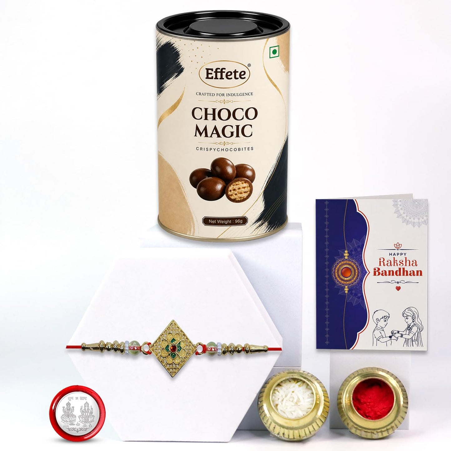 Stylish Rakhi for Brother with Choco Magic 96gm, Roli Chawal & Card, Pack of 5