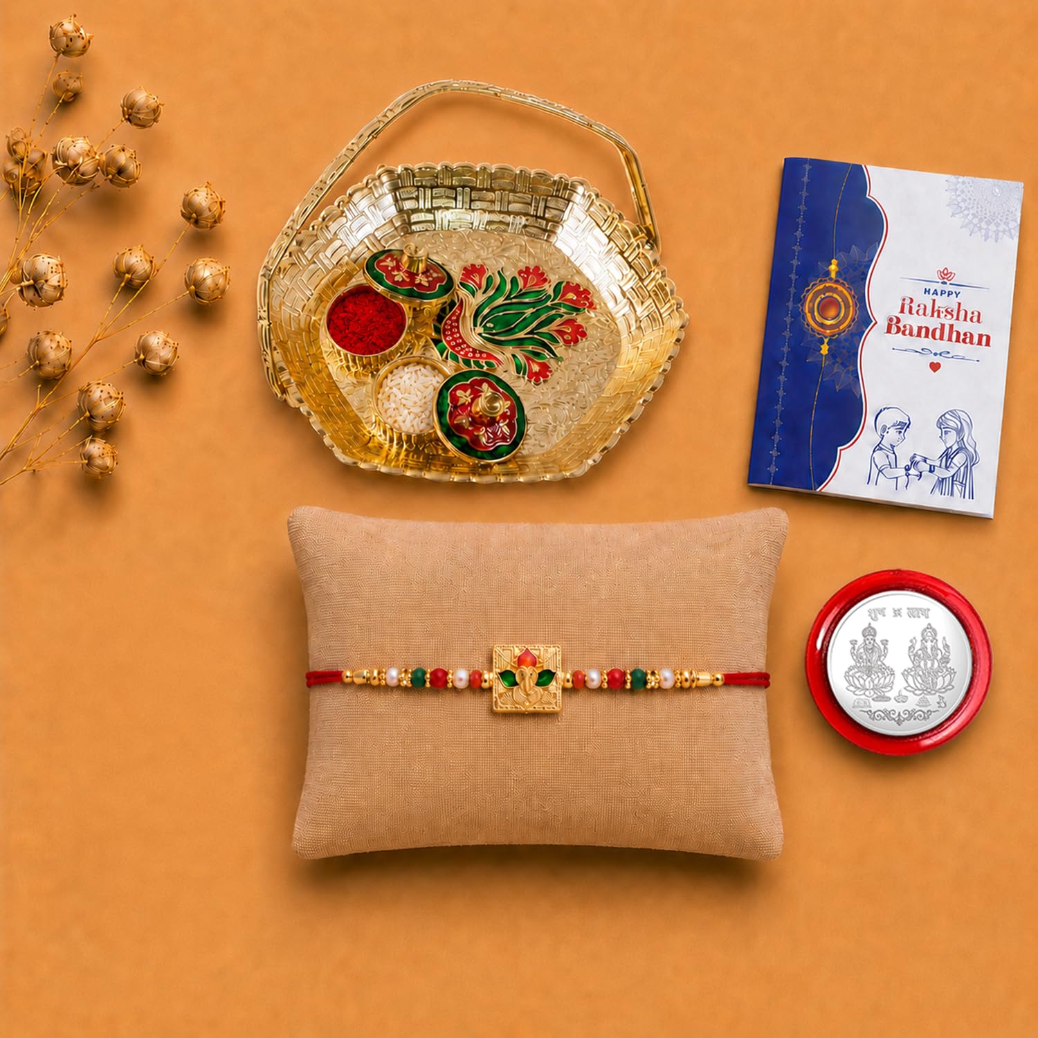 Ganesha Multicolor Rakhi for Brother & Bhaiya with Basket-Topli Pooja | Pack of 5
