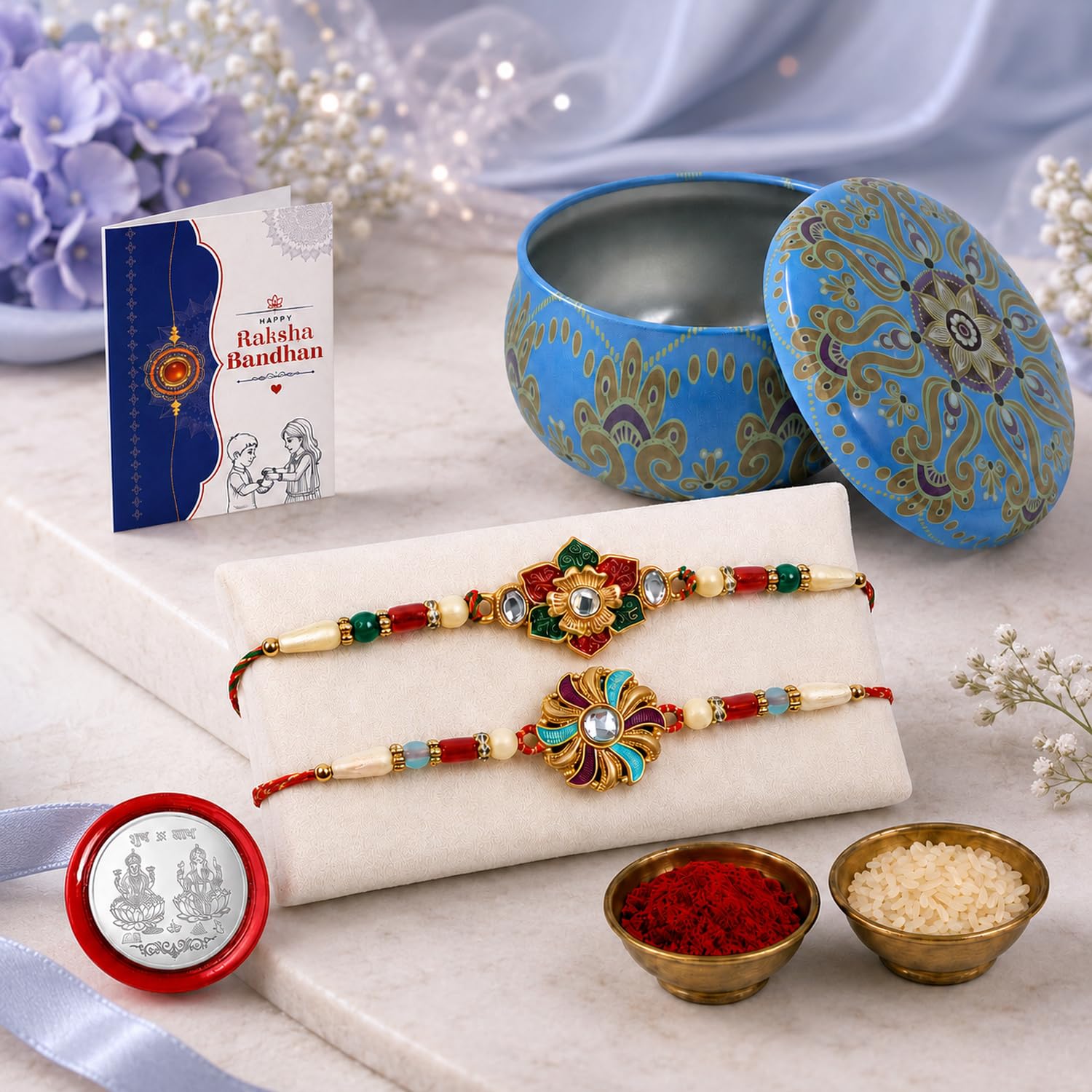 Flower, Round Multicolor Rakhi for Brother & Bhaiya with Heart-Shaped | Pack of 6