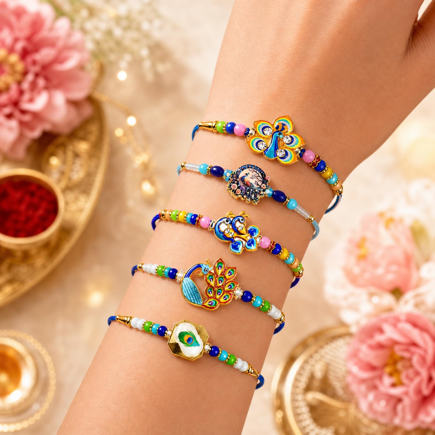 Elegant Splendid Rakhi for Brother with Roli Tikka, Pooja Coin & Card, Pack of 8