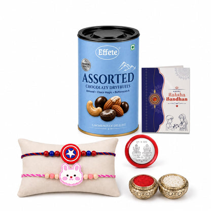 Superhero Rakhi for Brother with Choco Dryfruits 96gm, Coin & Card, Pack of 6