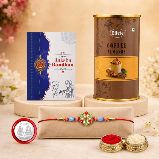 Flower Rakhi for Brother with Coffee Almond 96gm, Roli Tikka & Card, Pack of 5