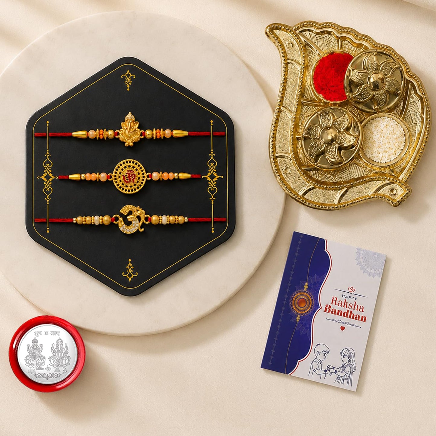 Ganesha, OM Rakhi for Brother with Pooja Thali, Roli Tikka & Card | Pack of 7