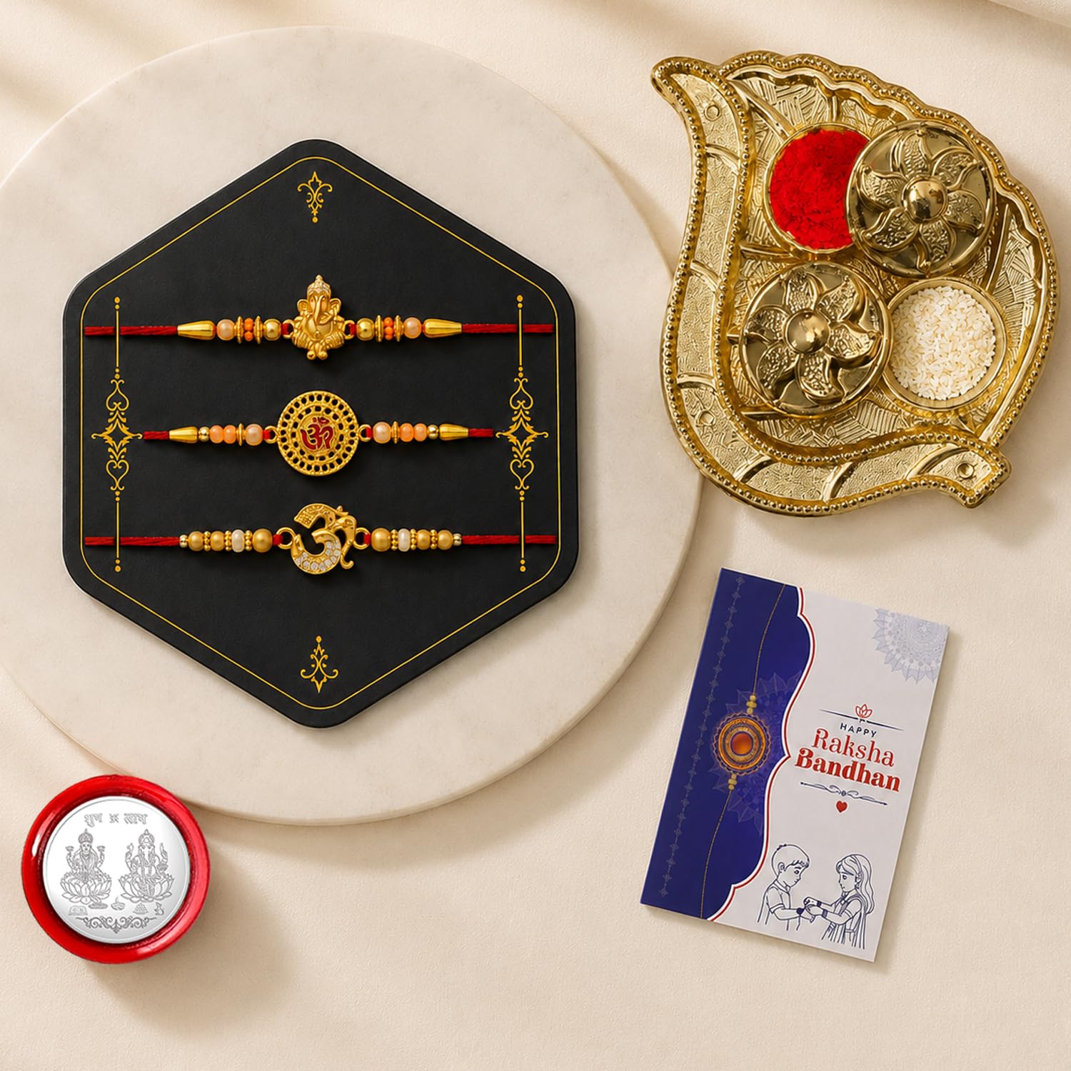 Ganesha, OM Rakhi for Brother with Pooja Thali, Roli Tikka & Card | Pack of 7