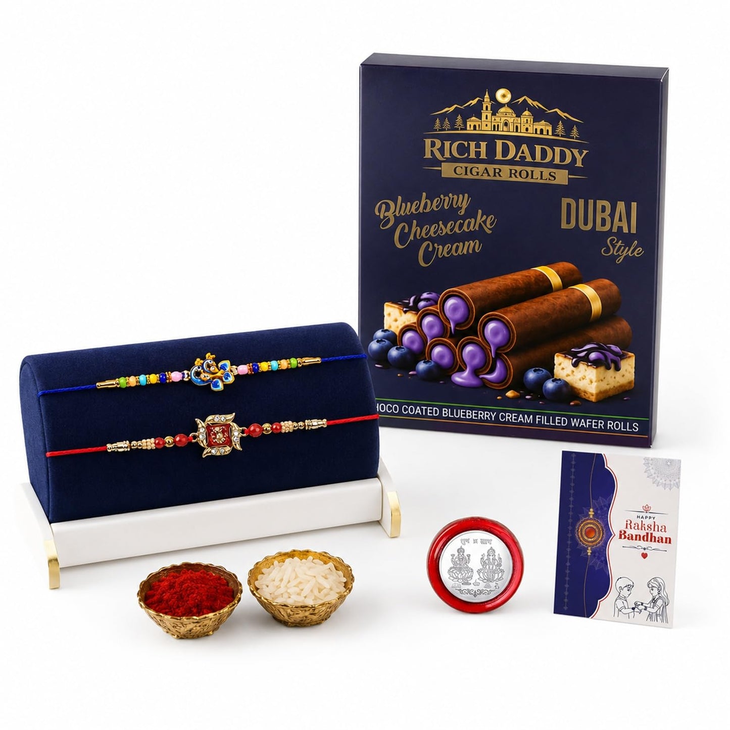 Peacock Rakhi for Brother with Blueberry Wafer Rolls, Coin & Card, Pack of 6