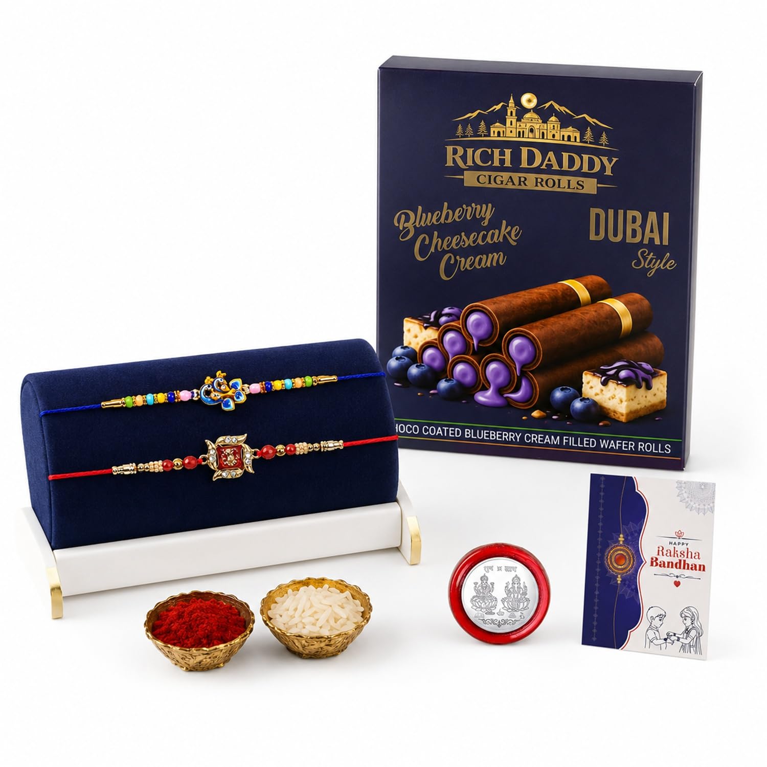 Peacock Rakhi for Brother with Blueberry Wafer Rolls, Coin & Card, Pack of 6