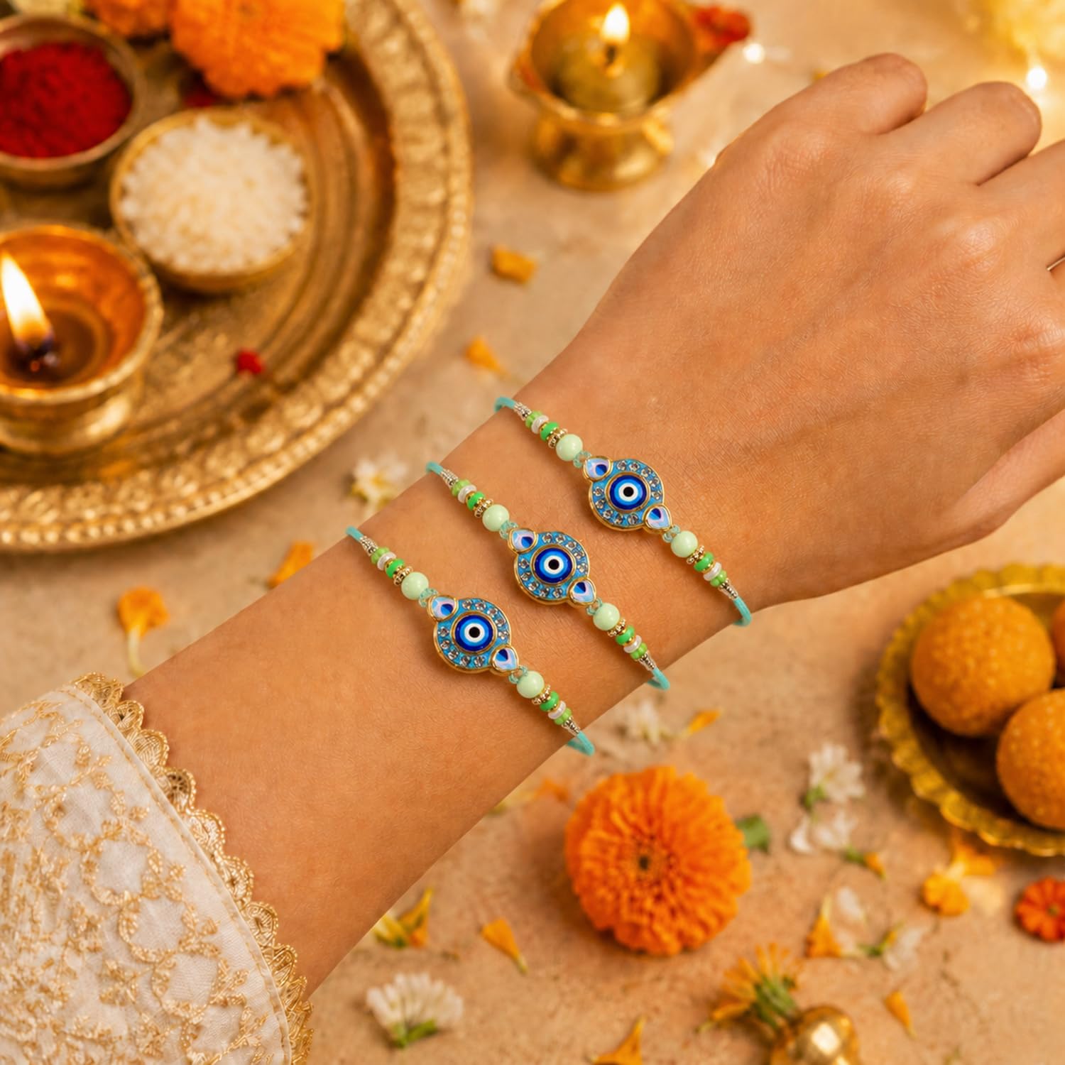 Elegant Handcrafted Multicolor Rakhi for Brother with Roli Tikka, Pack of 3