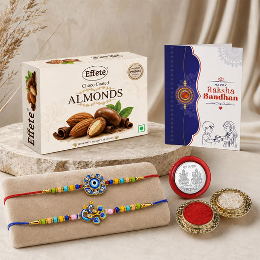 Evil Eye, Peacock Rakhi Combo - Raksha Bandhan Gift with Choco Almonds 32gm, Pack of 6