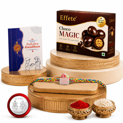 Pastry Rakhi for Brother with Chocolate Magic 32gm, Roli Chawal & Card, Pack of 5