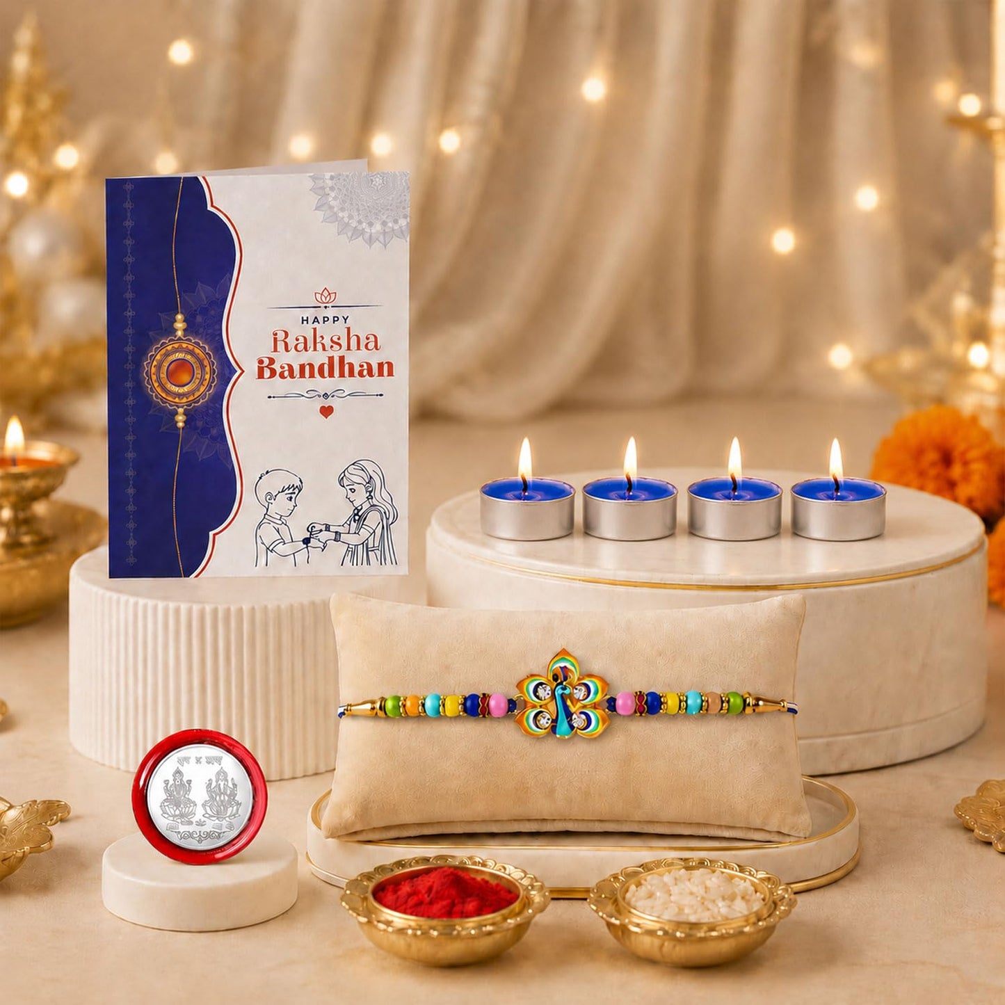 Peacock Rakhi for Brother with Candles 4pcs, Roli Tikka & Card | Pack of 5