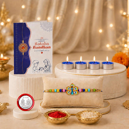 Peacock Rakhi for Brother with Candles 4pcs, Roli Tikka & Card | Pack of 5