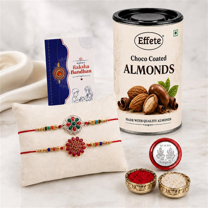 Designer Rakhi for Brother with Choco Almonds 96gm, Roli Tikka & Card - Pack of 6