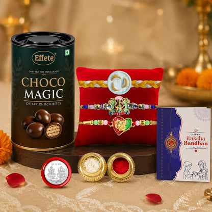 Ganesha Rakhi for Brother with Choco Magic 96gm, Roli Tikka & Card | Pack of 7
