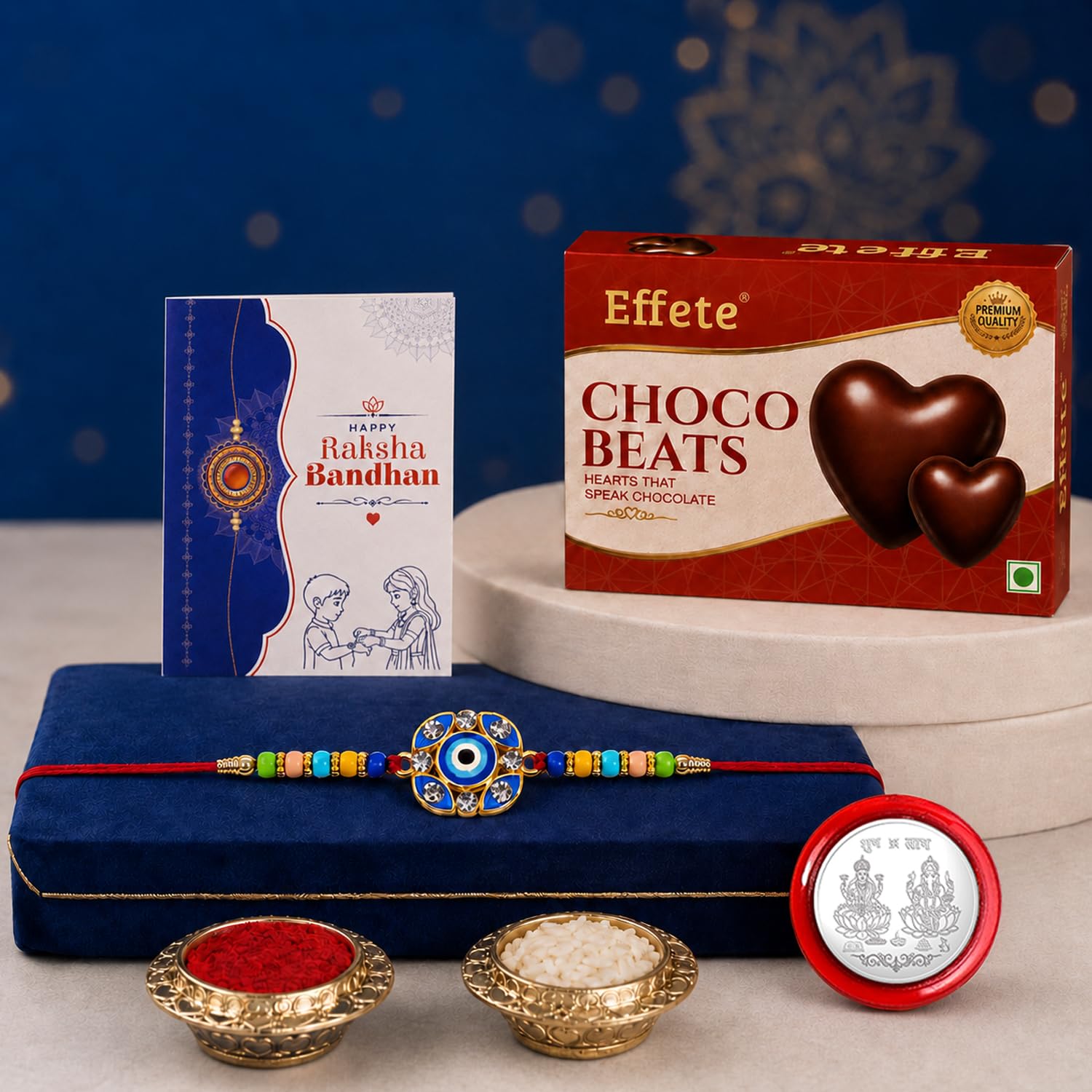 Evil Eye Rakhi for Brother with Choco Beats 32gm, Roli Tikka & Card - Pack of 5