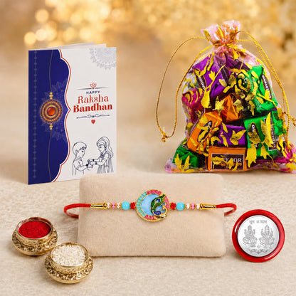 Peacock Rakhi for Brother with Assorted Treats, Roli Tikka & Card, Pack of 5