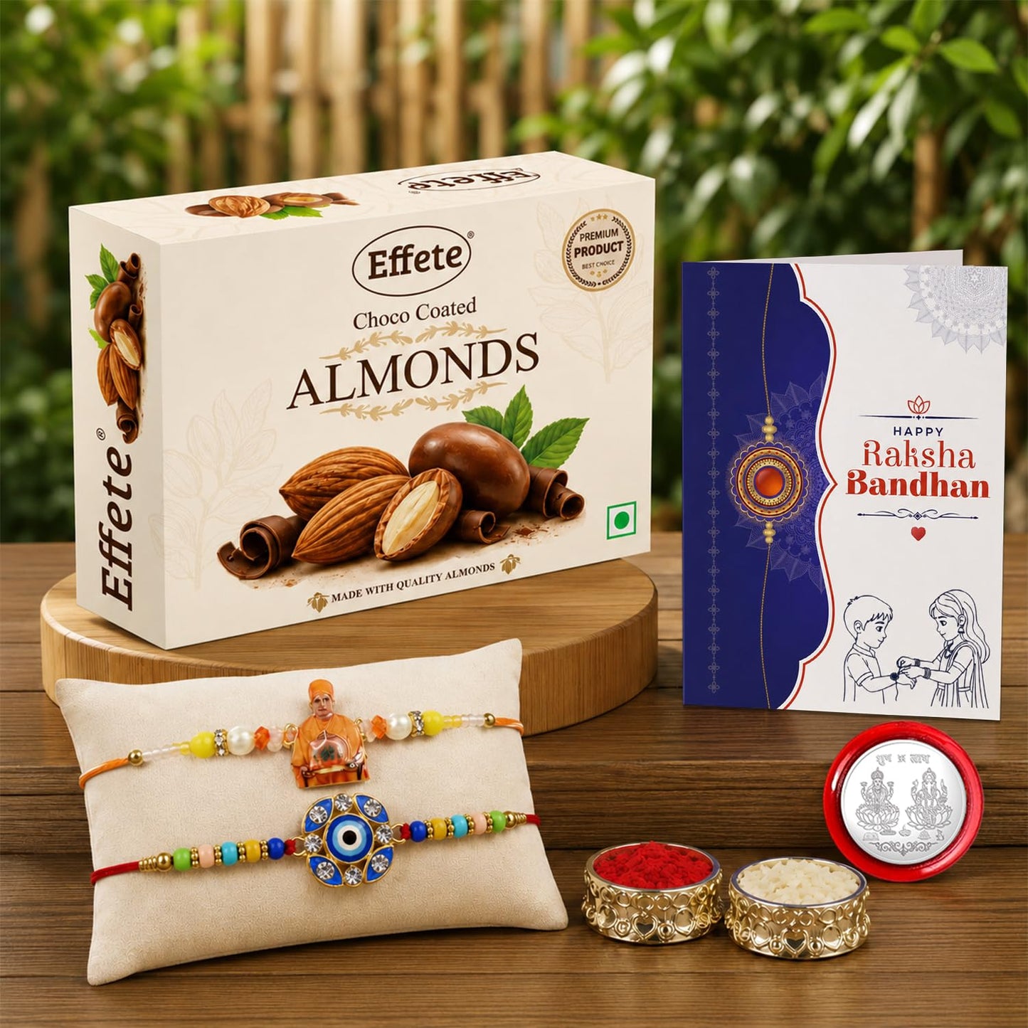 Multicolor Guru Ji, Evil Eye Rakhi & Chocolate Almonds 32gm with Roli Chawal, Silver Color Pooja Coin & Greeting Card, Rakhi with chocolate, Rakshbandhan Combo, Pack of 6 For Raksha Bandhan
