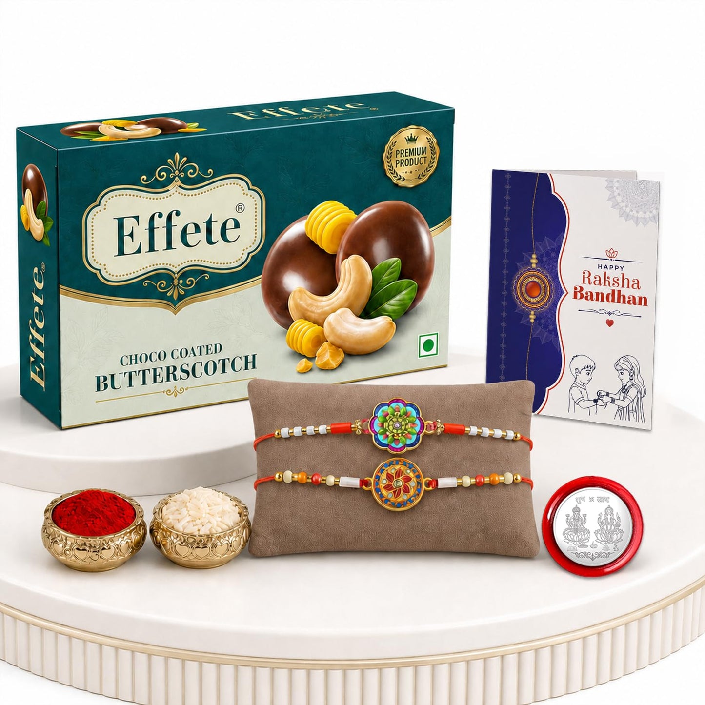 Multicolor Rakhi & Chocolate Butter Scotch 32gm with Roli Chawal, Silver Color Pooja Coin & Greeting Card, Rakshbandhan Combo, Rakhi & Chocolate, Pack of 6 For Raksha Bandhan