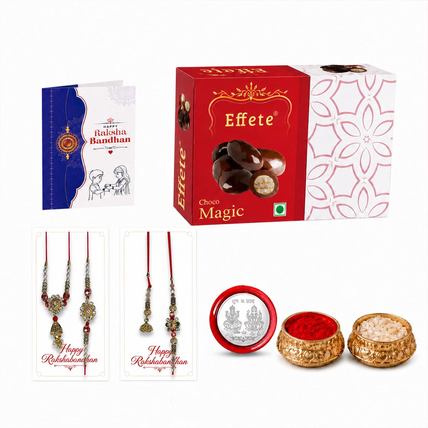 Designer Rakhi for Brother with Choco Magic 32gm, Roli Tikka & Card, Pack of 6
