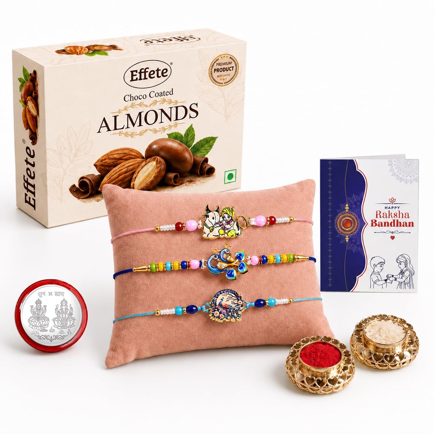Krishna, Peacock Rakhi Combo - Raksha Bandhan Gift with Choco Almonds 32gm, Pack of 7