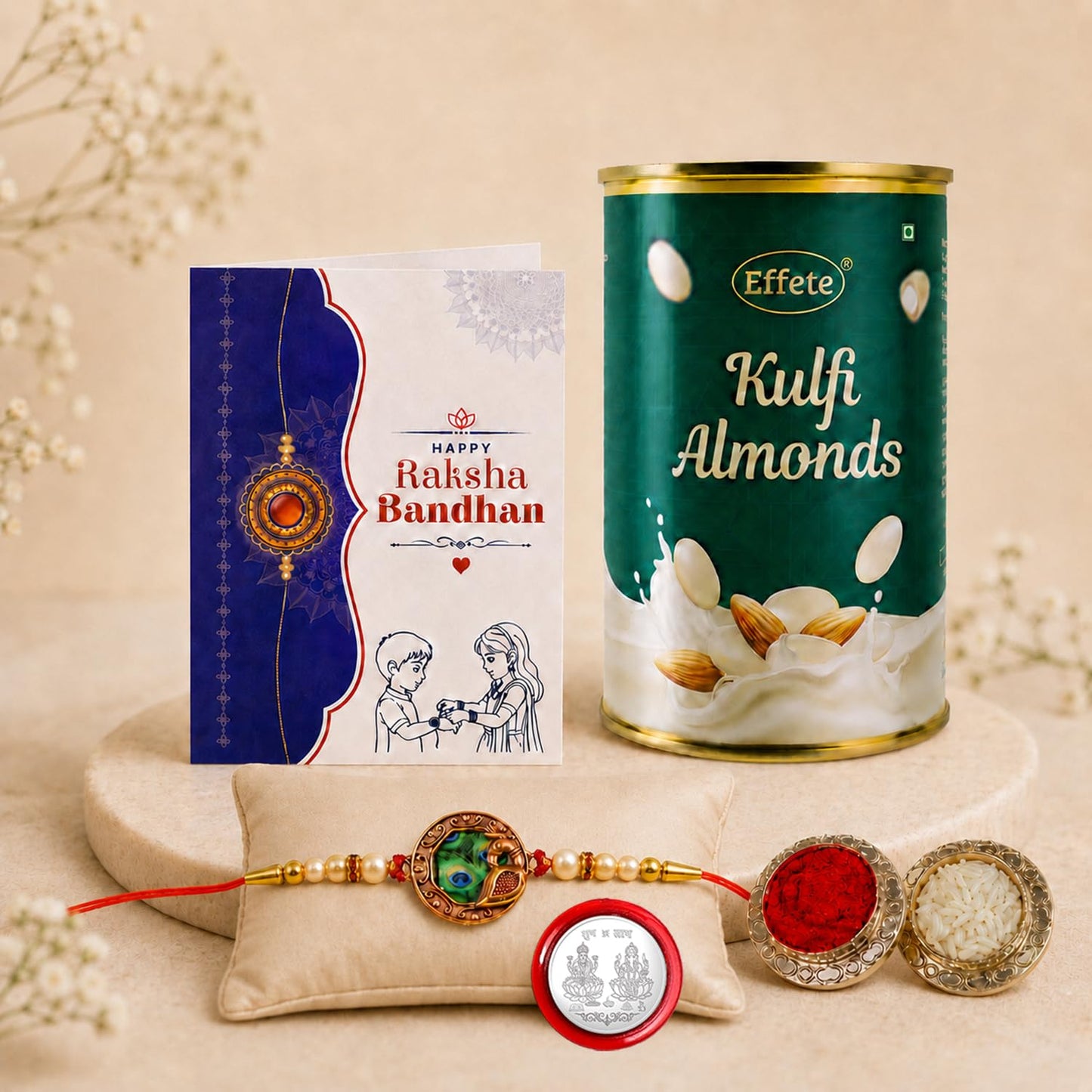Round Shape Rakhi for Brother with Kulfi Almonds 96gm, Coin & Card, Pack of 5