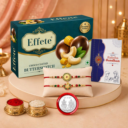 Multicolor Round Shape, Ganesha Rakhi & Chocolate Butter Scotch 32gm with Roli Chawal, Silver Color Pooja Coin & Greeting Card, Fancy Rakhis for men stylish, Rakshbandhan Combo, Pack of 6 For Raksha Bandhan