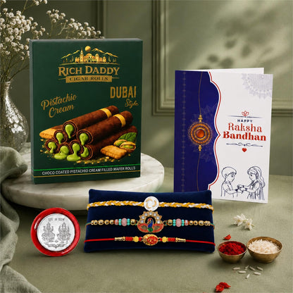 Peacock, Om Multicolor Rakhi – Pistachio Cream Wafer Roll Gift Combo (Pack of 7) For Raksha Bandhan