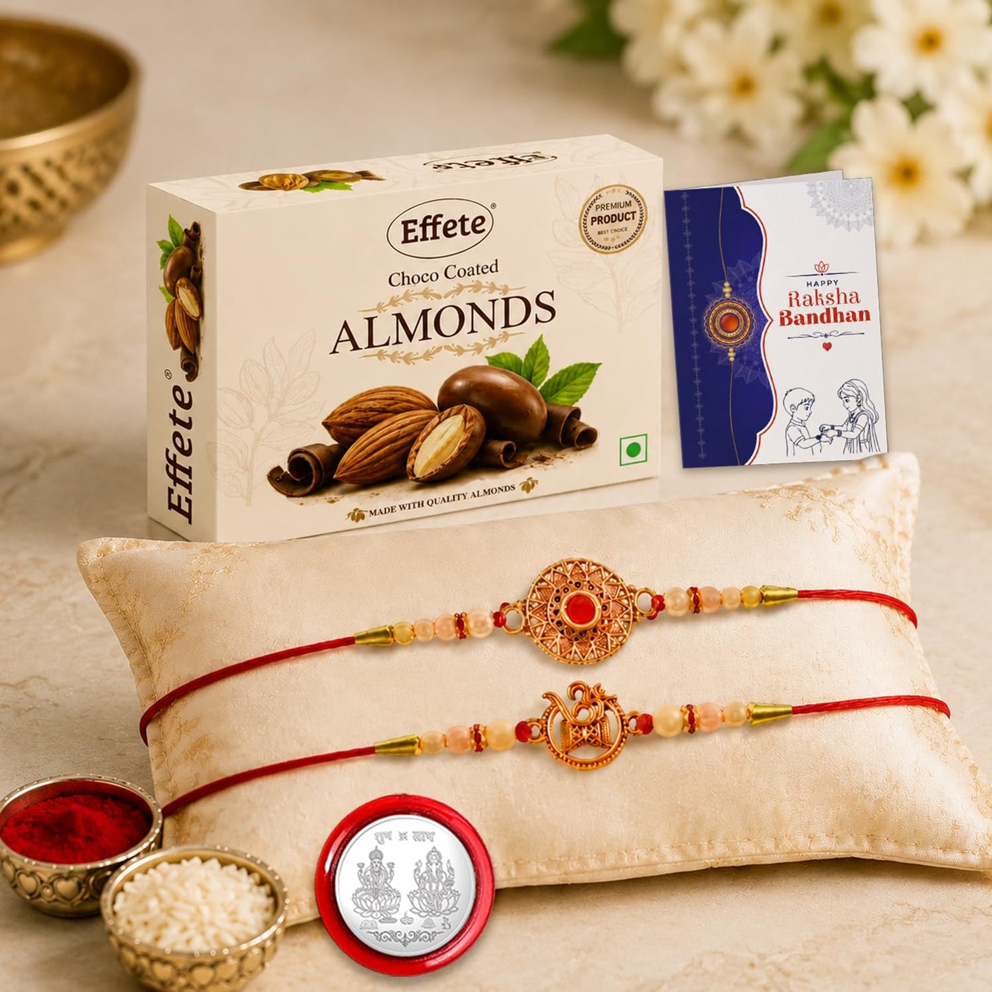 Round Rakhi for Brother with Chocolate Almonds 32gm, Roli Tikka & Card, Pack of 6