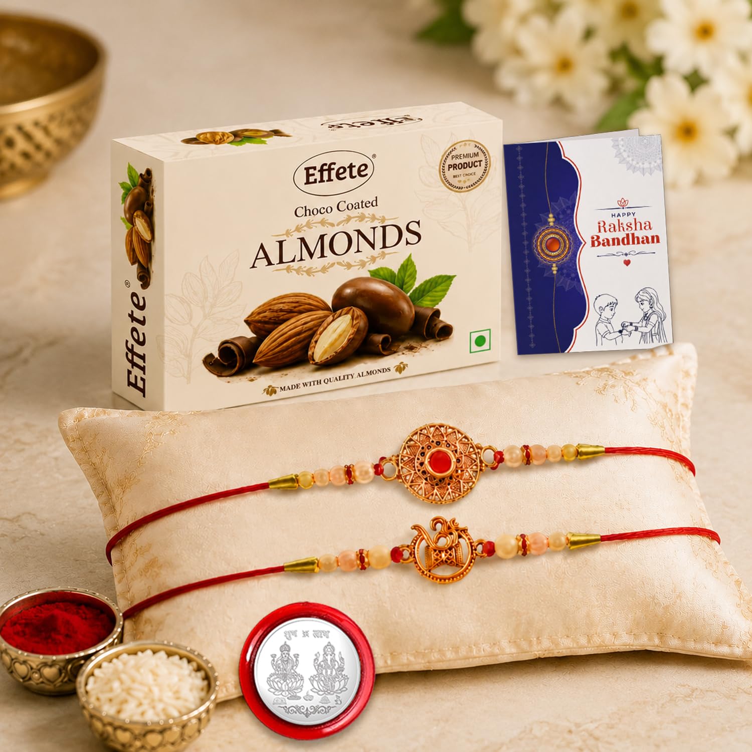Round Rakhi for Brother with Chocolate Almonds 32gm, Roli Tikka & Card, Pack of 6