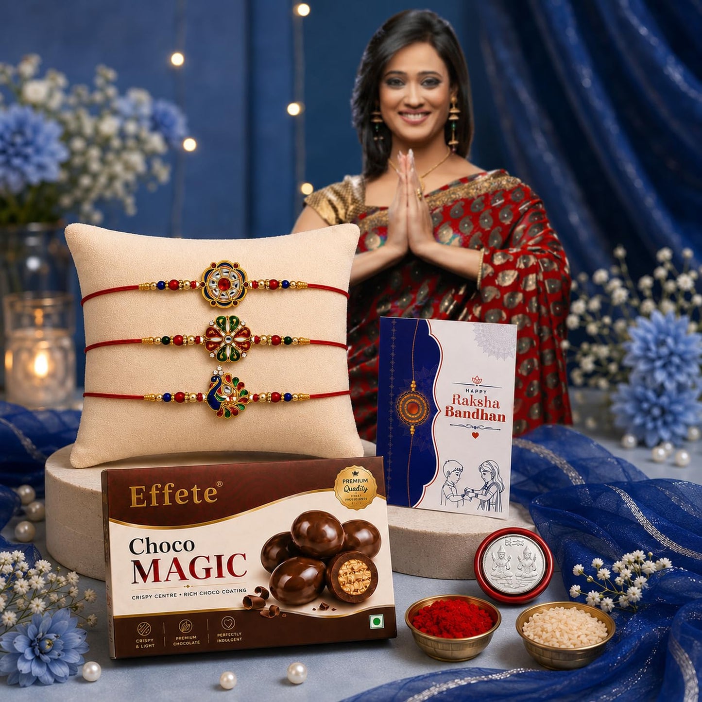DeoDap Peacock Rakhi for Brother with Choco Magic 32gm, Roli Chawal & Card, Pack of 3