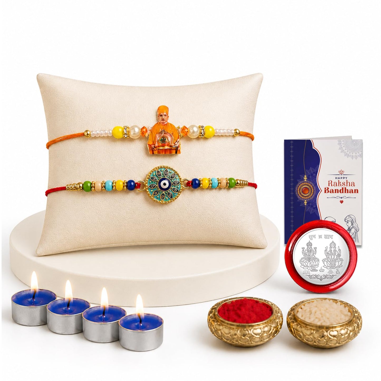 Swami Maharaj Rakhi Combo - Raksha Bandhan Gift with Tealight Candles 4pcs, Pack of 6
