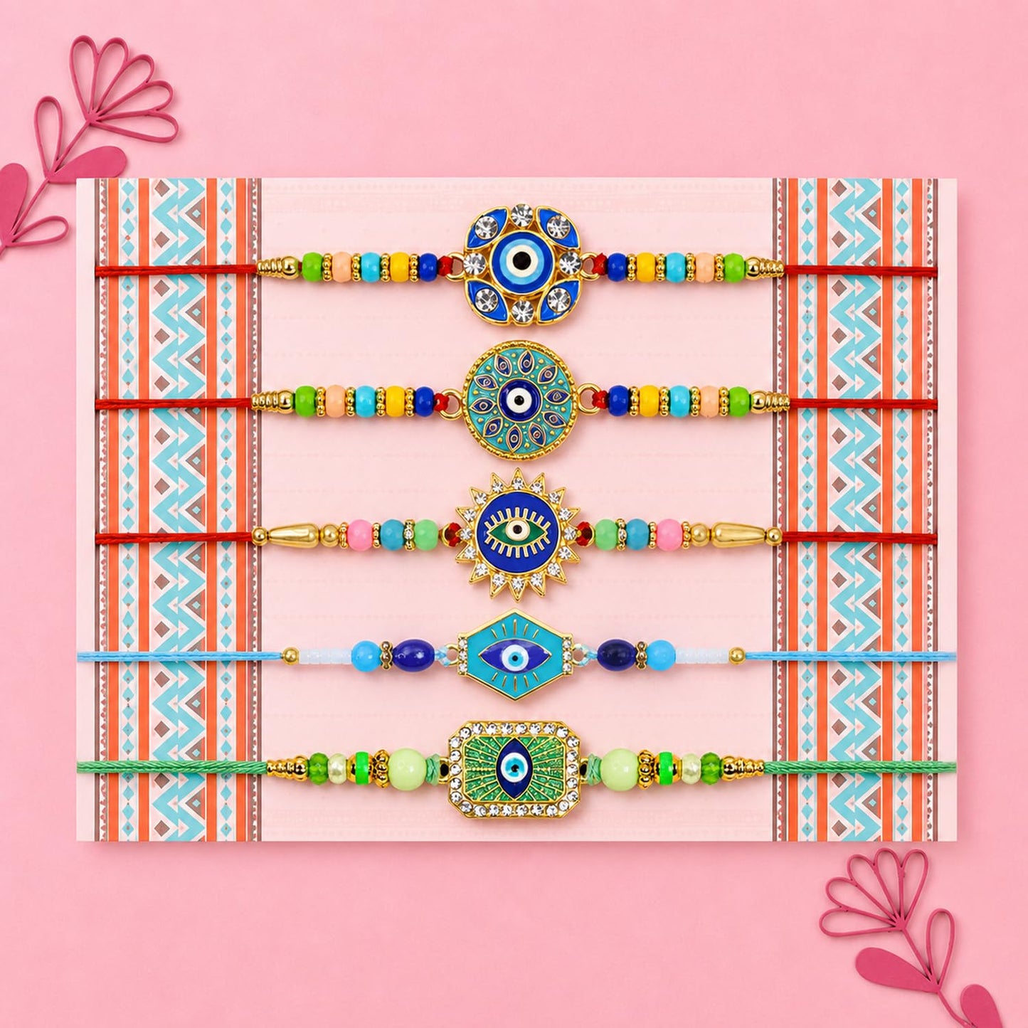 Designer Attractive Rakhi for Brother with Roli Tikka & Greeting Card, Pack of 8