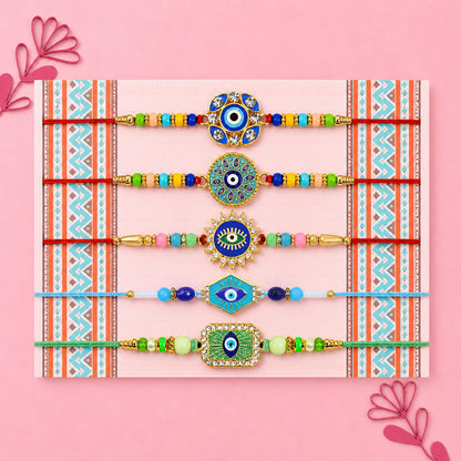 Designer Attractive Rakhi for Brother with Roli Tikka & Greeting Card, Pack of 8
