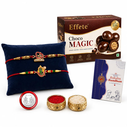 OM Rakhi for Brother with Choco Magic 96gm, Roli Tikka & Greeting Card, Pack of 6