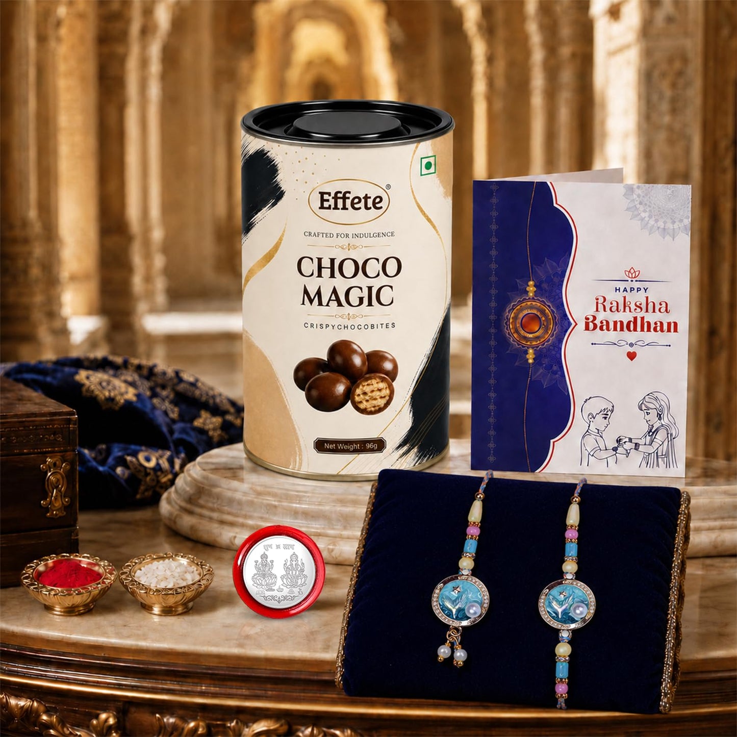 Designer Rakhi for Brother with Choco Magic 96gm, Roli Tikka, Pack of 6 | Stylish