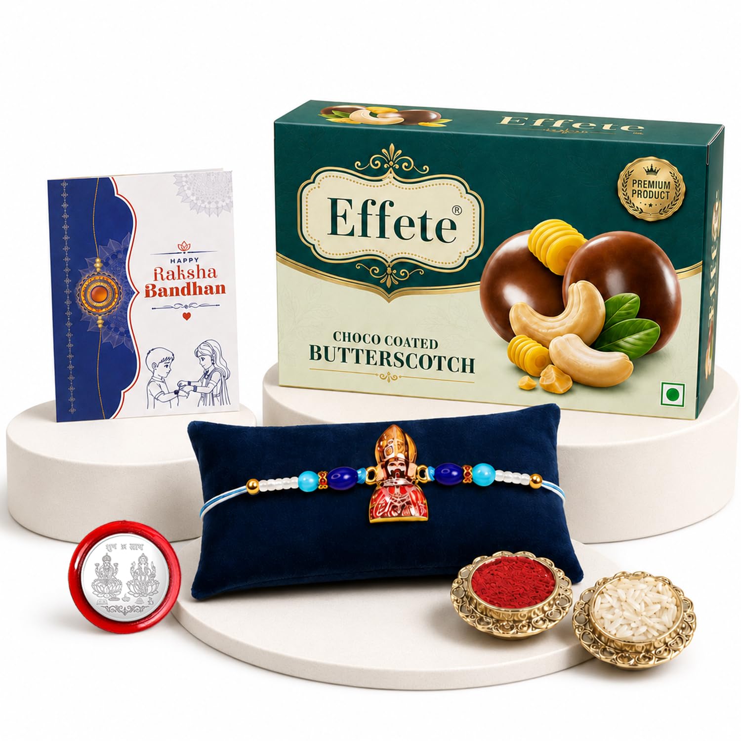 Khatu Shyam Rakhi Combo - Raksha Bandhan Gift with Choco Butterscotch 32gm, Pack of 5