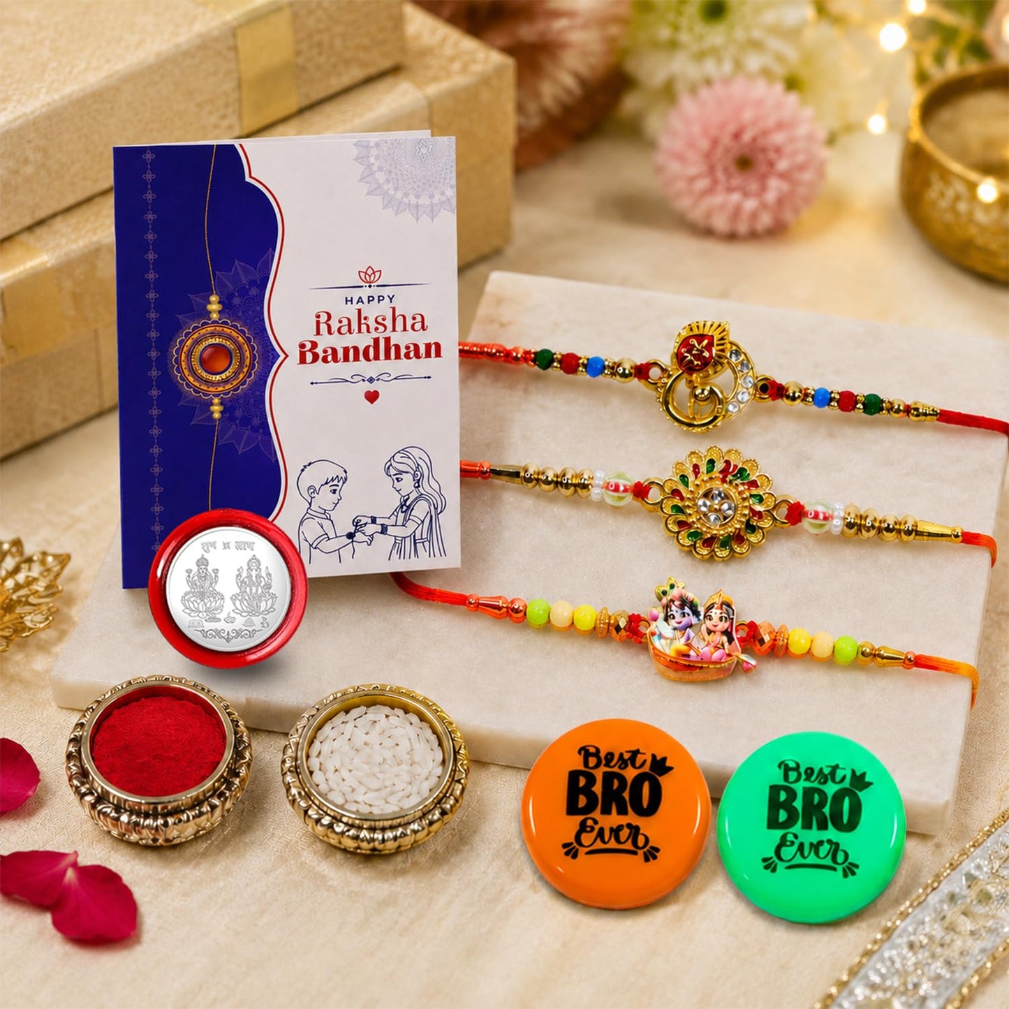 Multicolor Rakhi Combo with Leaf Charm, Krishna Radha, Floral Motif | Pack of 8