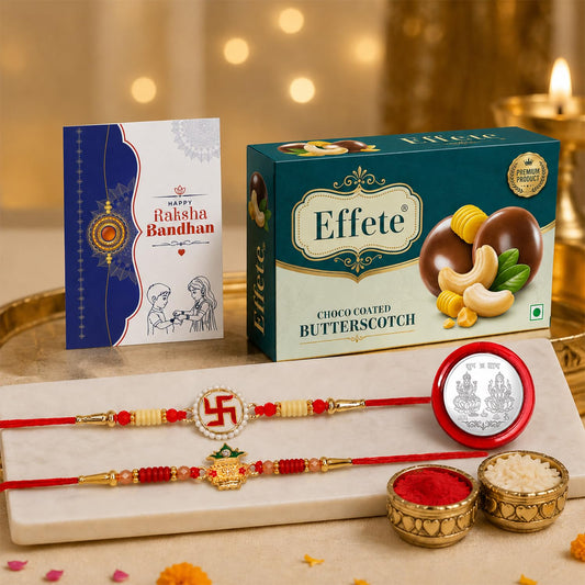 Rakhi with Chocolate for Brother (Set of 6) – Raksha Bandhan Festival Celebration Combo with Swastik & Kalash Design Rakhi, Chocolate, Roli Chawal, Silver Color Pooja Coin & Greeting Card