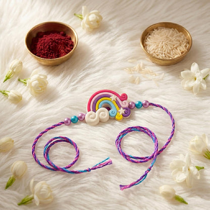 Rainbow Rakhi for Brother with Butter Scotch 32gm, Roli Chawal & Card, Pack of 5