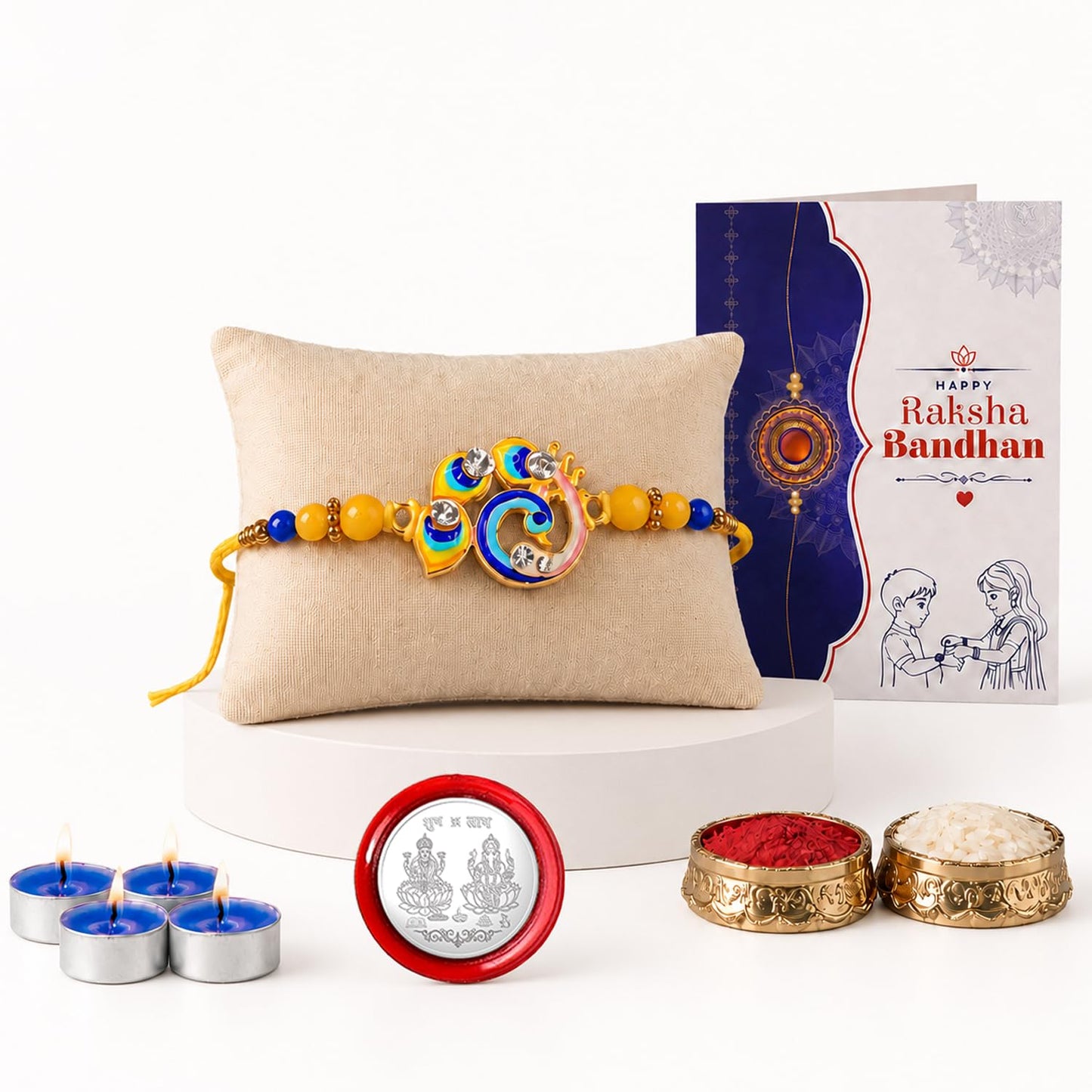 Bird Rakhi for Brother with Candles 4pcs, Roli Tikka & Greeting Card, Pack of 5