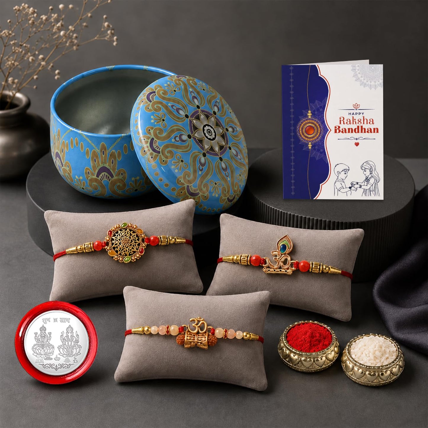 Designer Multicolor Round, OM & Damru Rakhi Combo for Brother Bhaiya | Pack of 7