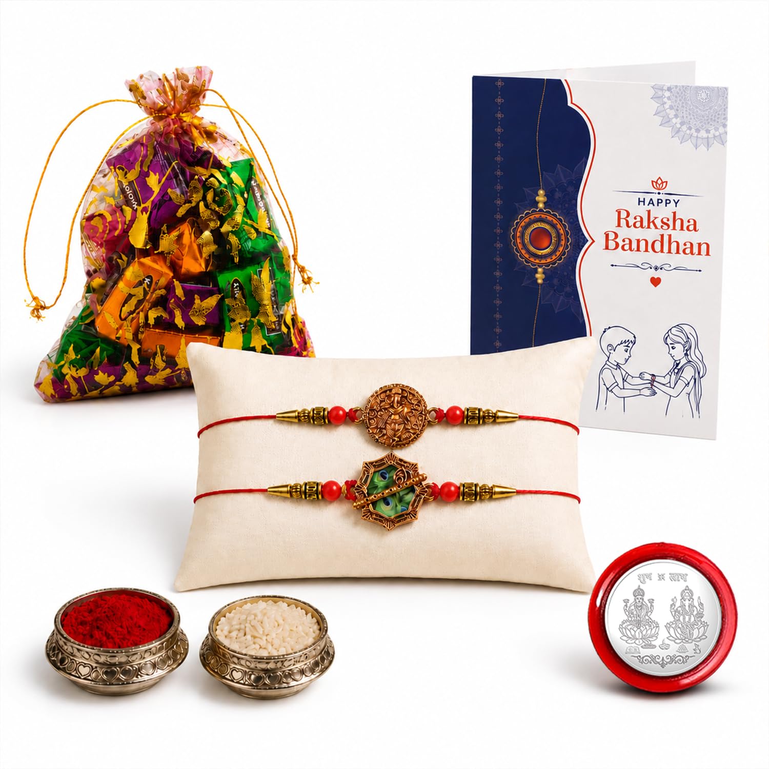 Designer Rakhi for Brother with Assorted Treats, Roli Tikka & Card, Pack of 6