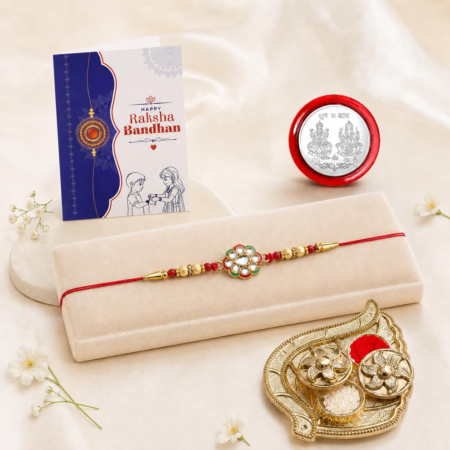Rakhi for Rakhi Combo - Raksha Bandhan Gift with Leaf Design Pooja Thali, Pack of 5