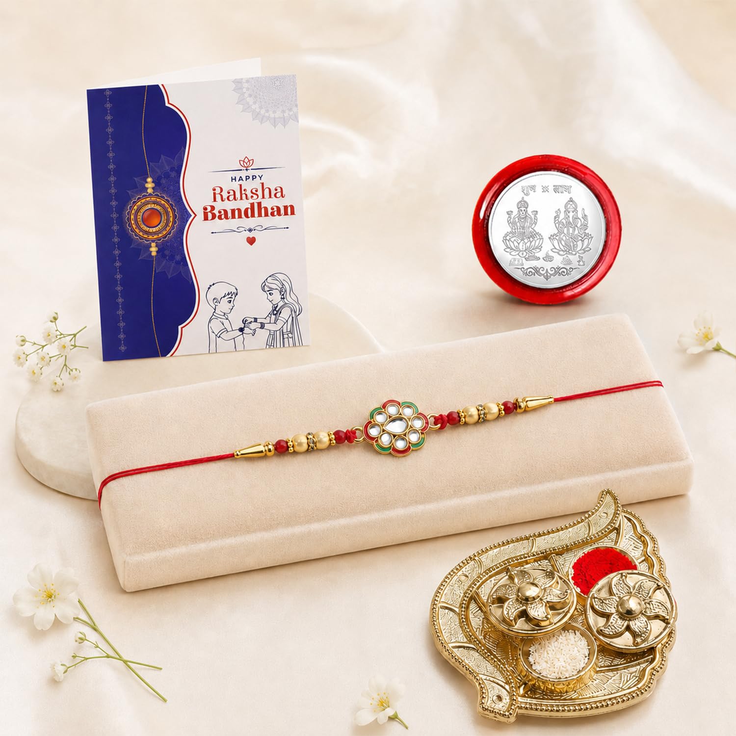 Rakhi for Rakhi Combo - Raksha Bandhan Gift with Leaf Design Pooja Thali, Pack of 5